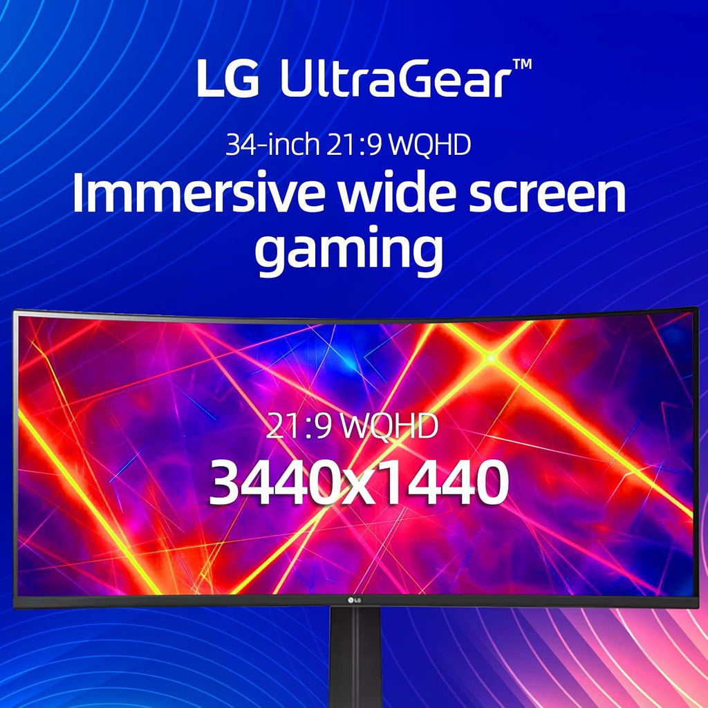 LG 34' Curved Ultragear Gaming Monitor, QHD(3440x1440), 160Hz, AMD FreeSync, HDR10, sRGB 99%, Built-in Speakers, Multitasking and Content Creation, DisplayPort & HDMI, Tilt/Height Adjustable Stand