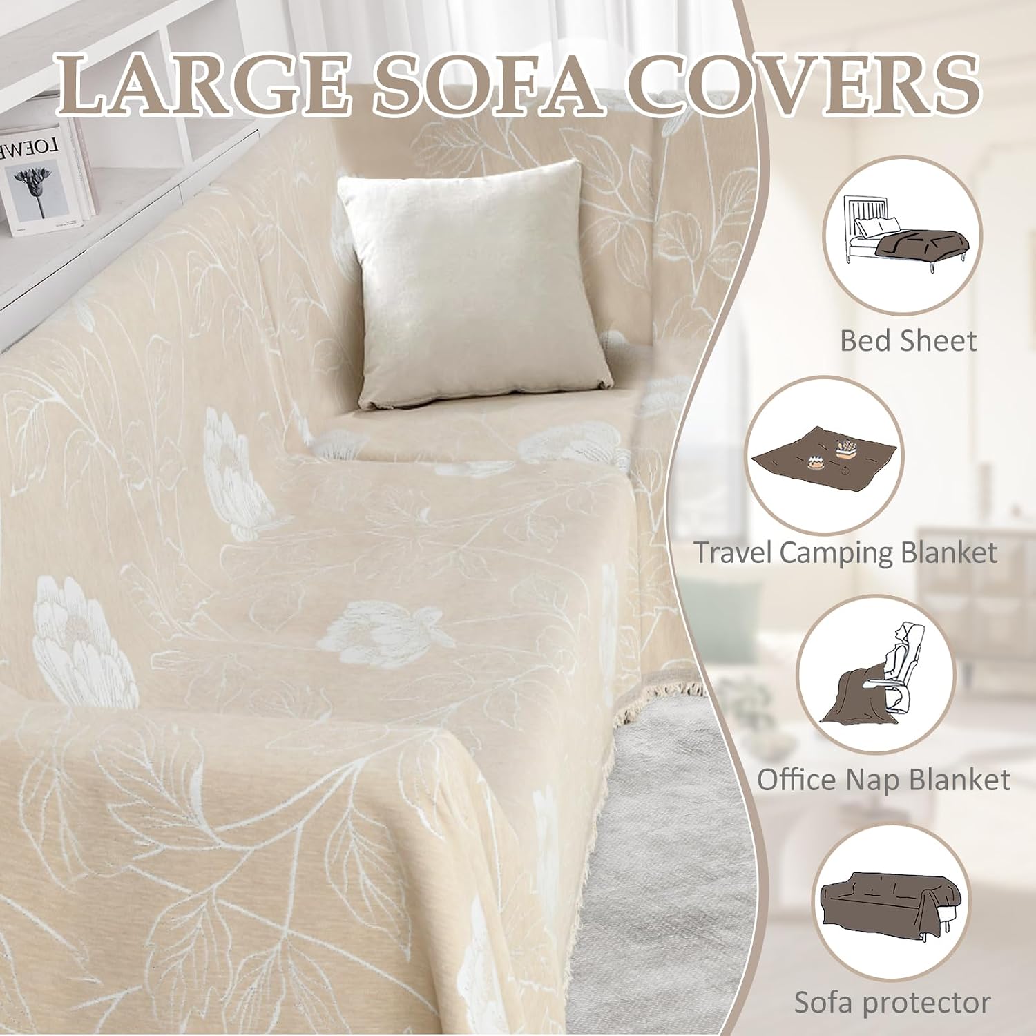 1OO% Waterproof Sectional Couch Covers for Dogs L Shaped Corner Sofa Cover Washable Chenille Sofa Slipcovers Blanket Modern Jacquard Pet Furniture Protector (91'x252', Beige Flower)