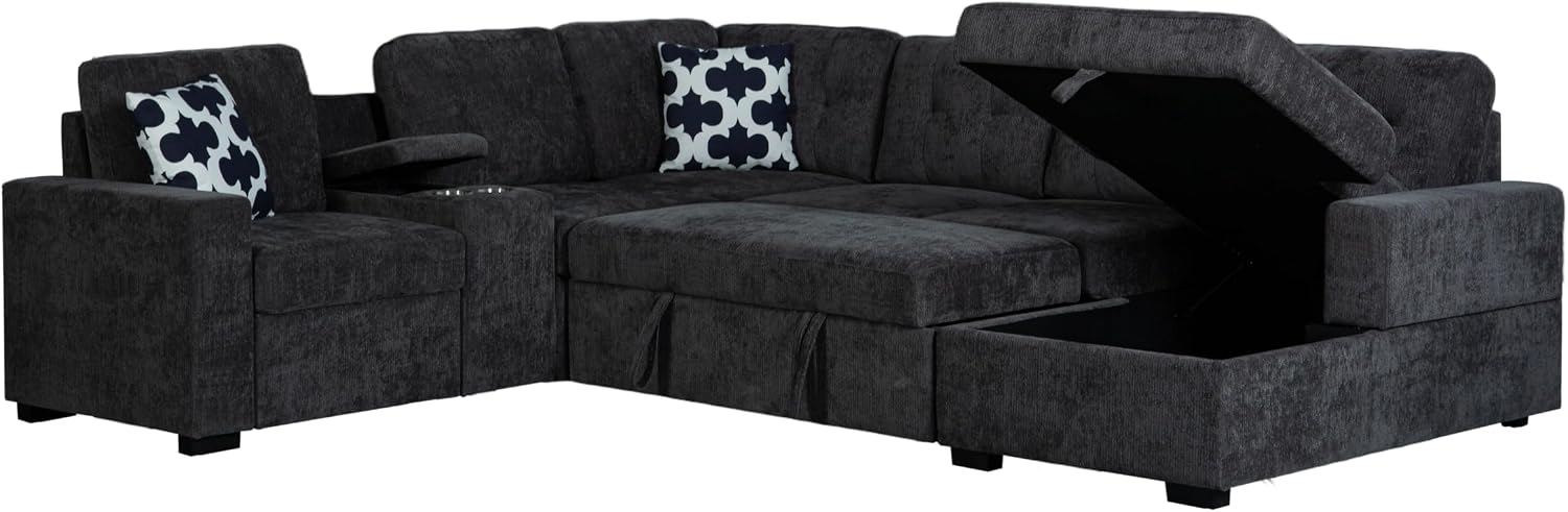 Ball & Cast L-Shape Convertible Sectional Sleeper Sofa Bed 2 in 1 Pull Out Couch with Storage Chaise & Cup Holders,6 Seat Chenille Upholstered Reversible Sleeper Corner Couch for Living Room,Dark Gray