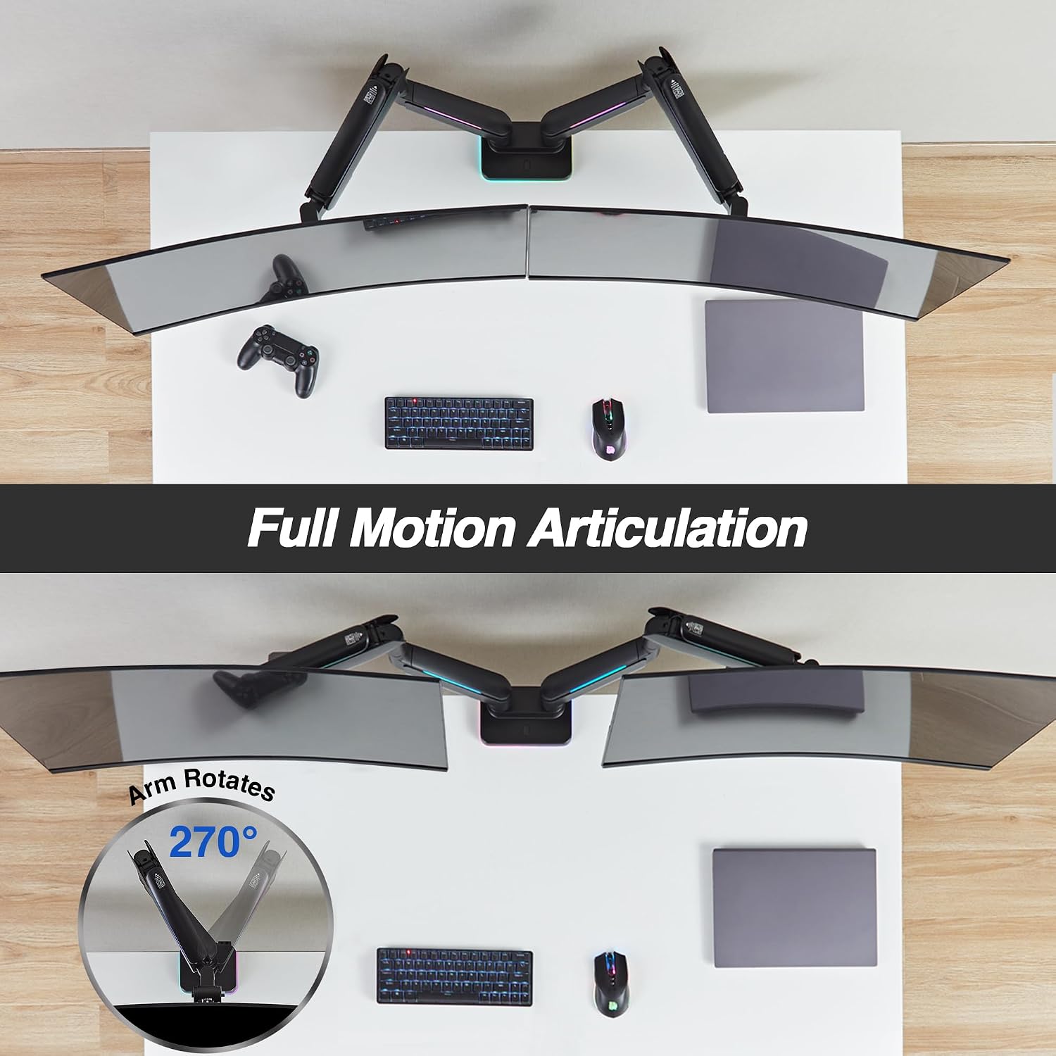 AVLT RGB Lights Dual 17'-43' Gaming Monitor Arm Desk Mount, Fits Two Flat/Curved/Ultrawide Screen up to 44lbs(20kg), Height Swivel Tilt Adjustable Stand - Black