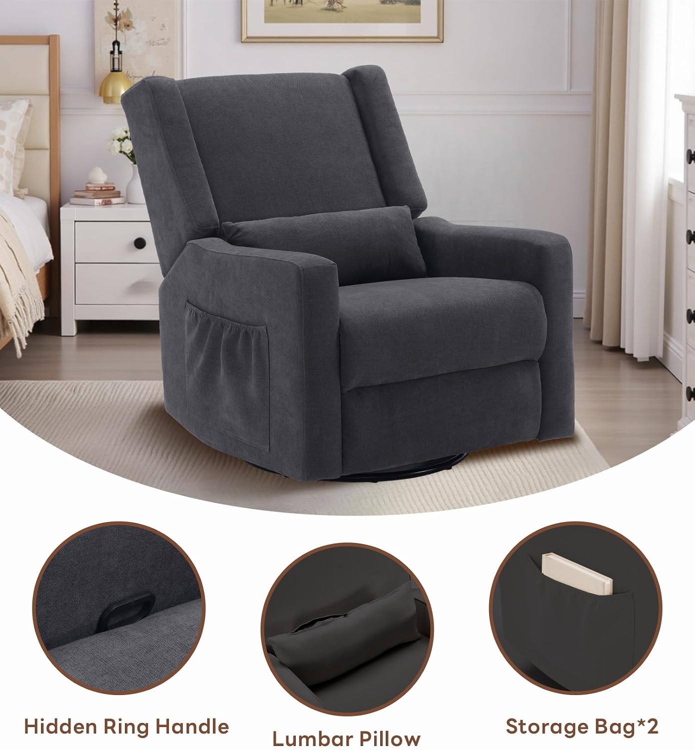 Tbfit Nursery Rocking Chair, 360° Swivel Recliner Chair with Lumbar Support for Bedroom, Comfy Upholstered Armchair with Pillows & Footrest for Living Room & Baby Room