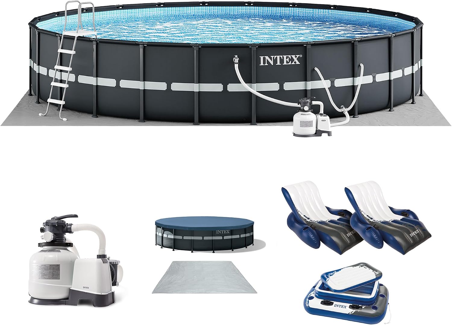 INTEX 26339EH Ultra XTR 24ft x 52in Above Ground Swimming Pool Set with Sand Filter Pump, Inflatable Lounge Pool Recliners (2-Pack) and Inflatable Beverage Cooler