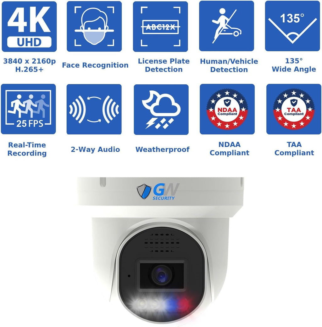 GW Security 16 Channel 8MP Fulltime Color Night Vision 4K NVR Security Camera System with 16 UltraHD 4K IP Two-Way Audio Outdoor/Indoor Smart AI Face/Human/Vehicle Detection PoE Dome Cameras