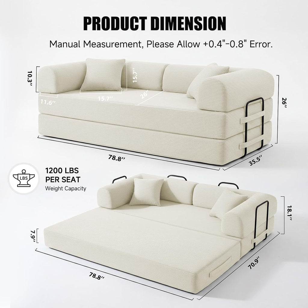 79' Compressed Sofa, Convertible Sofa Bed, Corduroy Compression Boneless Couch with Pillow, Comfy Modular Foldable Floor Sleeper Sofa for Bedroom, Living Room, Lounge, Studio (White)