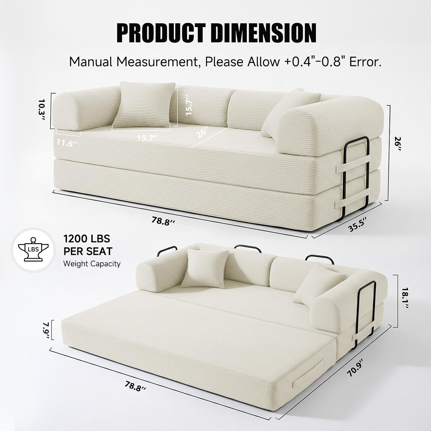 79' Compressed Sofa, Convertible Sofa Bed, Corduroy Compression Boneless Couch with Pillow, Comfy Modular Foldable Floor Sleeper Sofa for Bedroom, Living Room, Lounge, Studio (White)