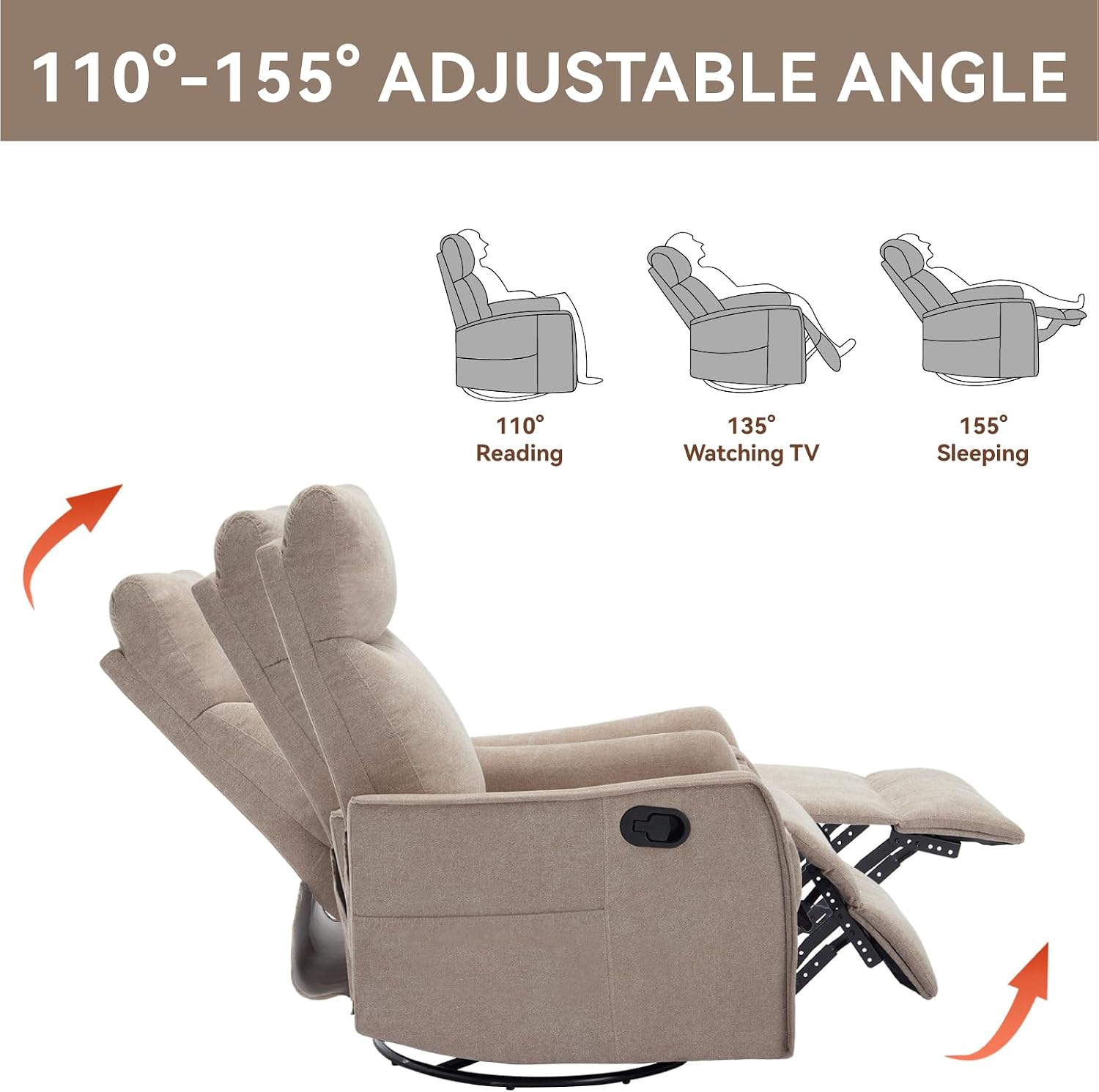 Massage Chair Recliner with Heat, 360° Swivel Glider Rocker with Reclining Backrest and Footrest, Manual Lazy Boy Recliners for Adults, Modern Nursery Rocking Chairs (Khkai)