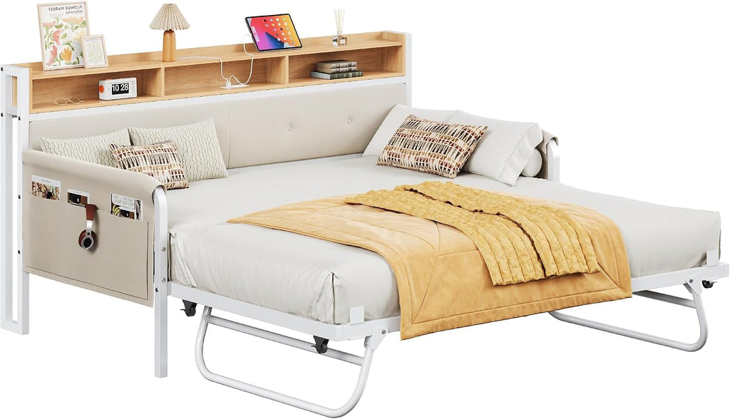 LIKIMIO Daybed with Trundle, Twin Bed Frame with Upholstered Headboard and Charging Station, Sofa Day Bed with Strong Supports for Living Room, Bedroom and Guest Room, White