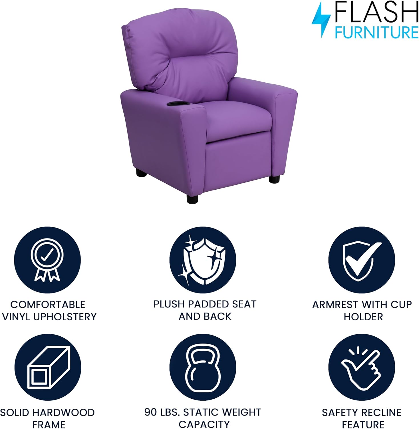 Flash Furniture Chandler Vinyl Kids Recliner with Cup Holder and Safety Recline, Contemporary Reclining Chair for Kids, Supports up to 90 lbs., Lavender