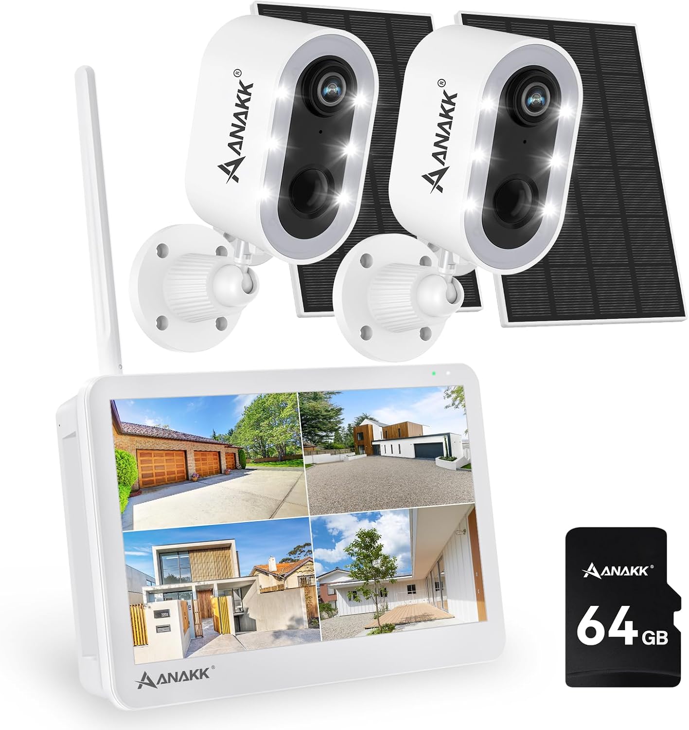Solar Security Cameras System Wireless Outdoor with Monitor, 2 Cameras Home Surveillance, Color Night Vision, 24/7 Recording, Motion Detection, Weatherproof, Expandable to 10CH, No Monthly Fee (White)