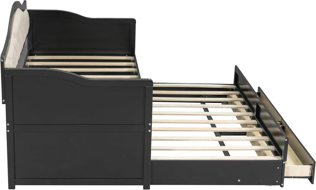 Merax Twin Daybed with Trundle and 2 Storage Drawers, Wooden Sofa Bed Twin Bed Frame with Upholstered Button Tufted Backrest for Living Room, Bedroom, Guest Room (Black)