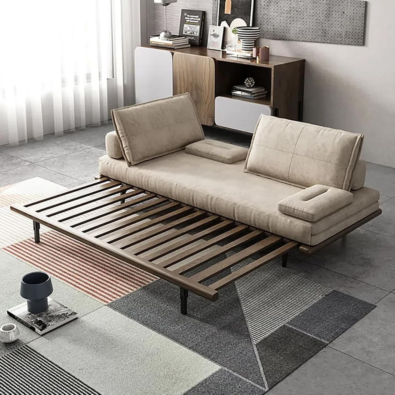 homary Modern Pull Out Sofa Bed - Khaki Convertible Couch, 78.7'' Mid Century Wood with Cotton & Linen