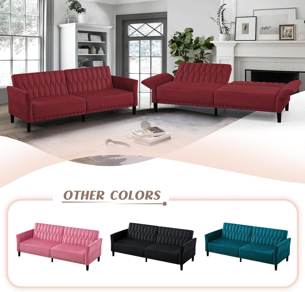 77' Velvet Sofa Bed with Adjustable Armrests and Backrests,Tufted Convertible Futon Couch with Nailhead Trim, Loveseat Modern Velvet Sleeper Sofa for Living Room,Bedroom,Office, Red