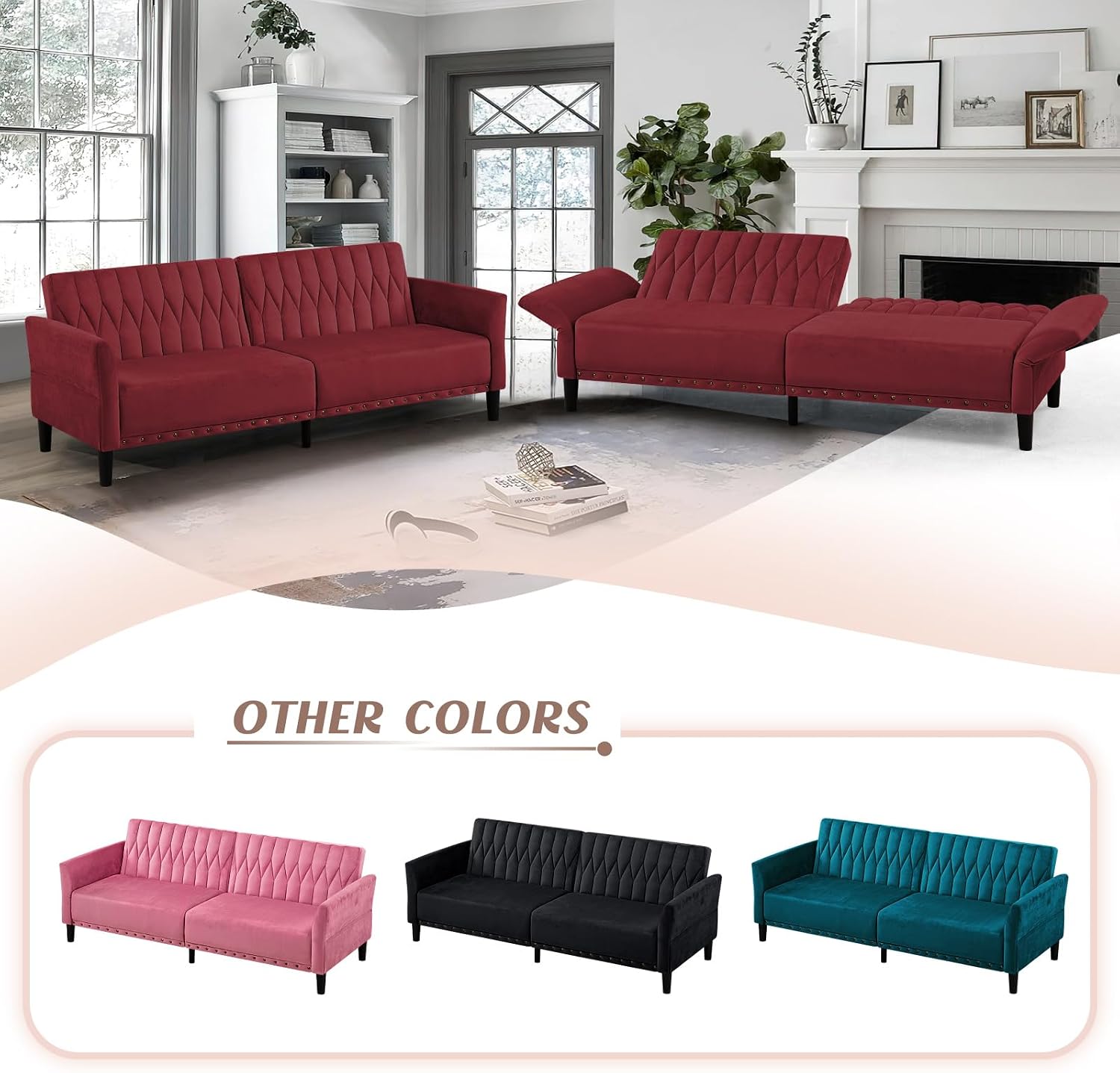 77' Velvet Sofa Bed with Adjustable Armrests and Backrests,Tufted Convertible Futon Couch with Nailhead Trim, Loveseat Modern Velvet Sleeper Sofa for Living Room,Bedroom,Office, Red