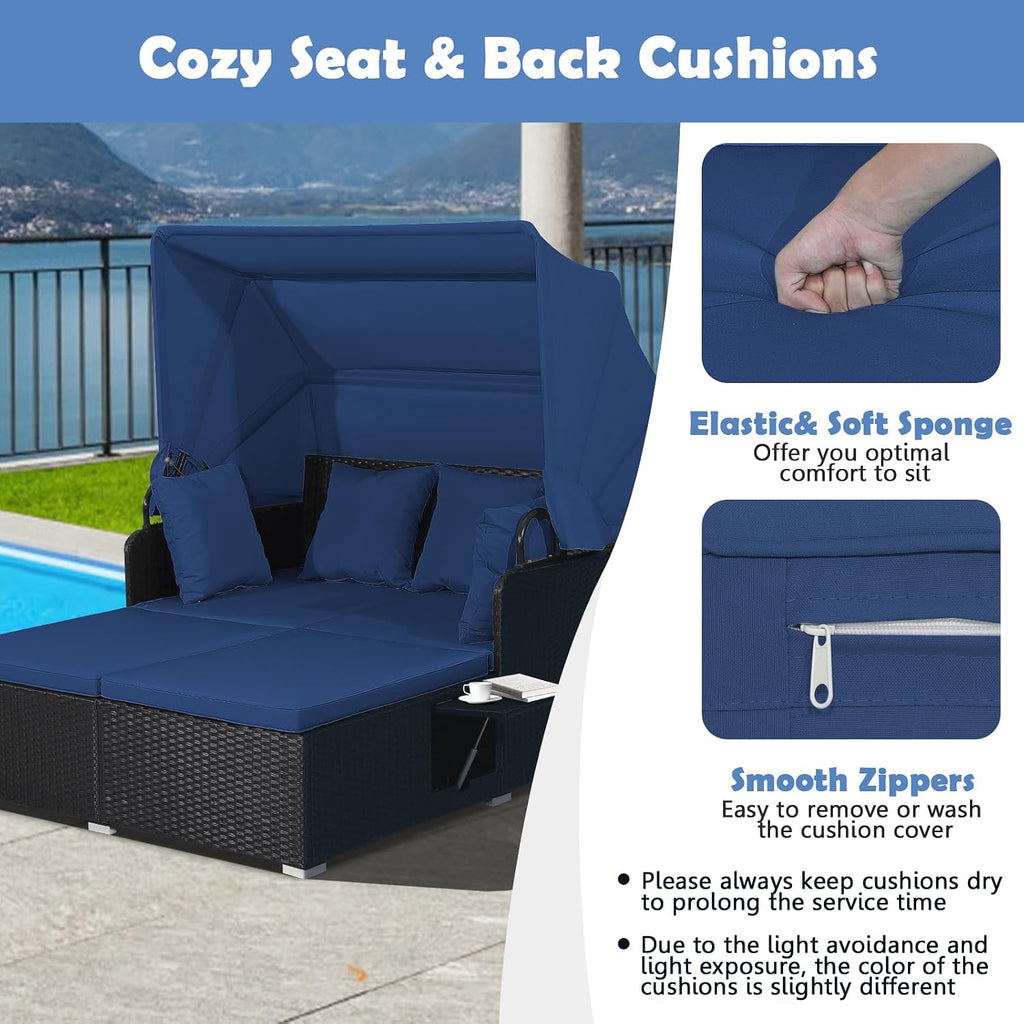 Tangkula Patio Rattan Daybed with Retractable Canopy, Outdoor Wicker Sunbed Lounger with 2 Foldable Side Tables, Thick Seat & Back Cushions, Outside Double Daybed for Garden, Backyard, Porch, Navy
