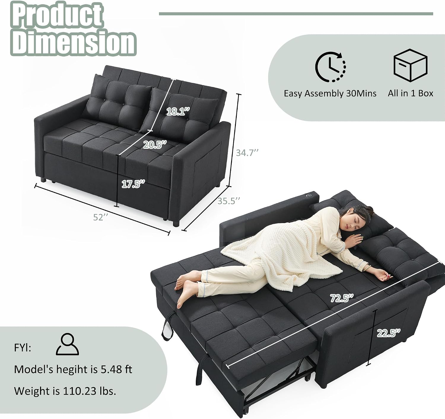 GOSUHI 52' Sleeper Sofa with Pull-Out Bed, 3-in-1 Convertible Sofa Bed, Set of Loveseat with Stepless Adjustable Backrest and Side Pocket, for Living Room Dorm Apartment, Linen, Black