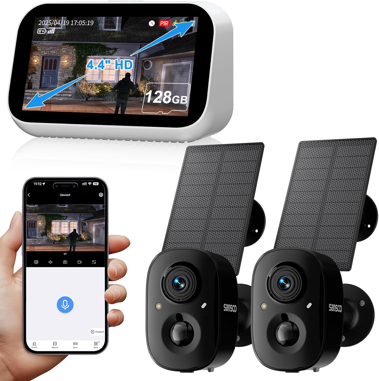 SANSCO 2K Wireless Security Cameras System, 4CH Touch Screen NVR, 2X Solar-Powered 4MP Outdoor Camera, No Subscription, Color Night Vision, 2 Ways Audio, 128G up to 360 Days Recording, 5G/2.4G WiFi