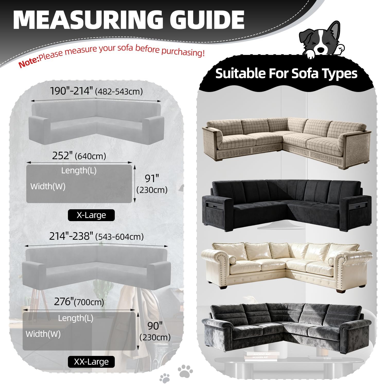 1OO% Waterproof Corner Sectional Couch Covers L Shape Chenille Sectional Sofa Cover with Tassel Soft Thick Washable Sofa Slipcover Furniture Protector for Dogs Pets (91' x 276', Dark Black)