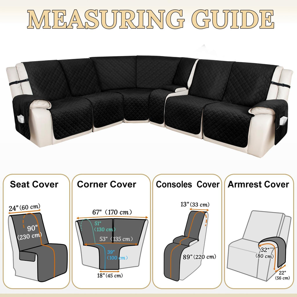 HDCAXKJ 100% Waterproof Velvet Recliner Sectional Couch Covers L Shaped Corner Reclining Sofa Cover Washable Thick Non Slip Sectional Slipcover with Pockets (5 Seat and 1 Middle Console, Black)