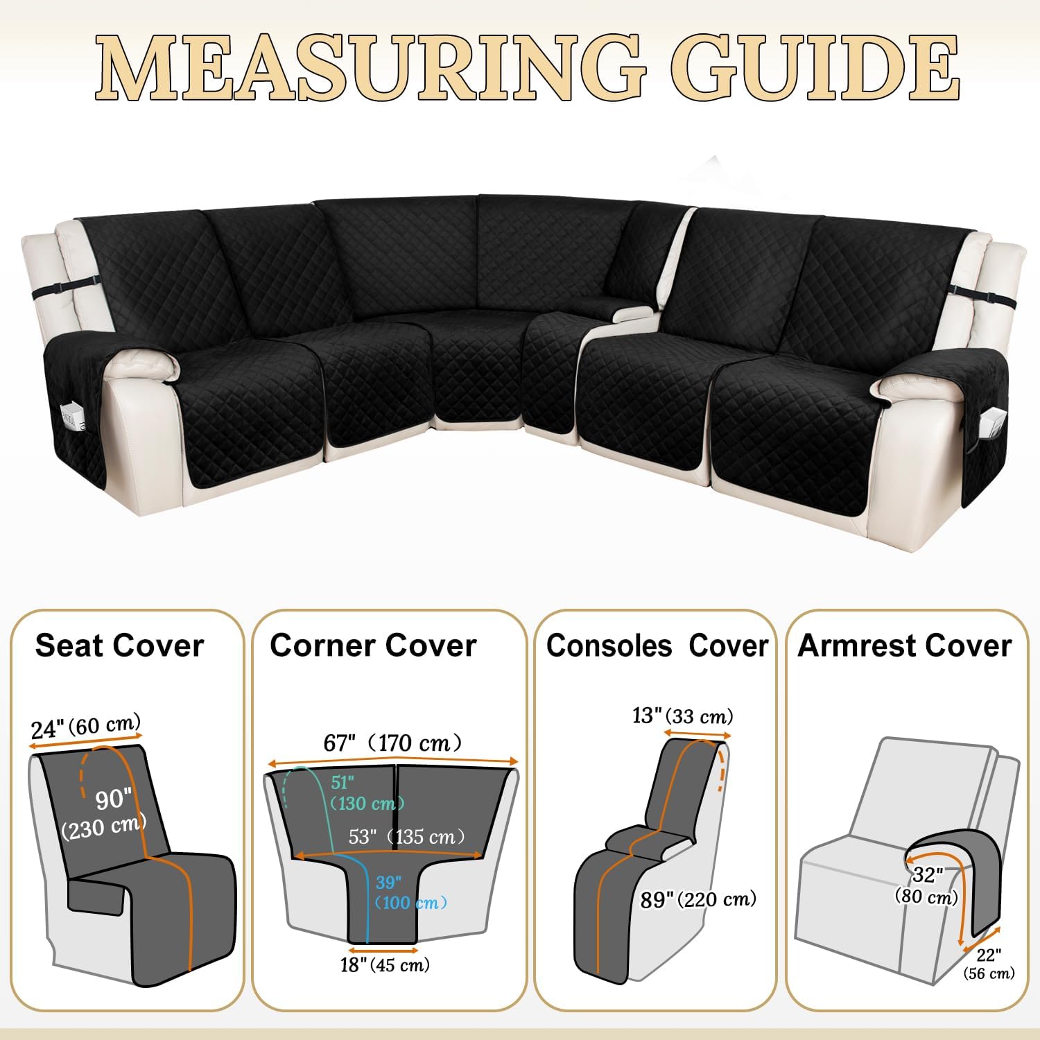 HDCAXKJ 100% Waterproof Velvet Recliner Sectional Couch Covers L Shaped Corner Reclining Sofa Cover Washable Thick Non Slip Sectional Slipcover with Pockets (5 Seat and 1 Middle Console, Black)