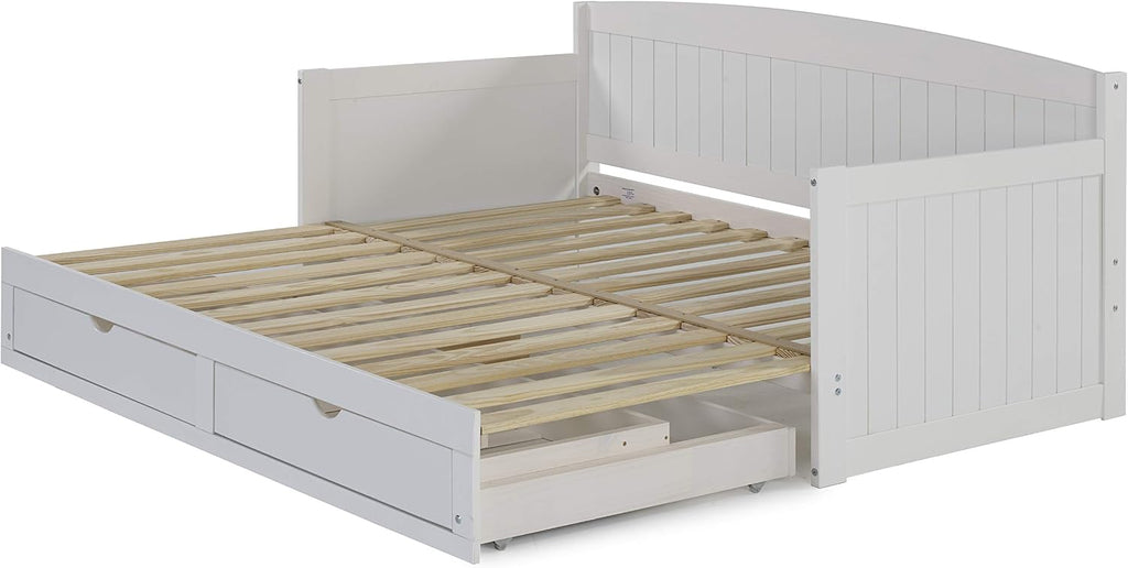 Alaterre Furniture Harmony Twin to King Daybed with Pop Up Trundle Bed - Solid Wood Twin Day Bed with 2 Pull-Out Storage Drawers and 400lb Capacity - For Kids, Guest Room, Living Room (White)