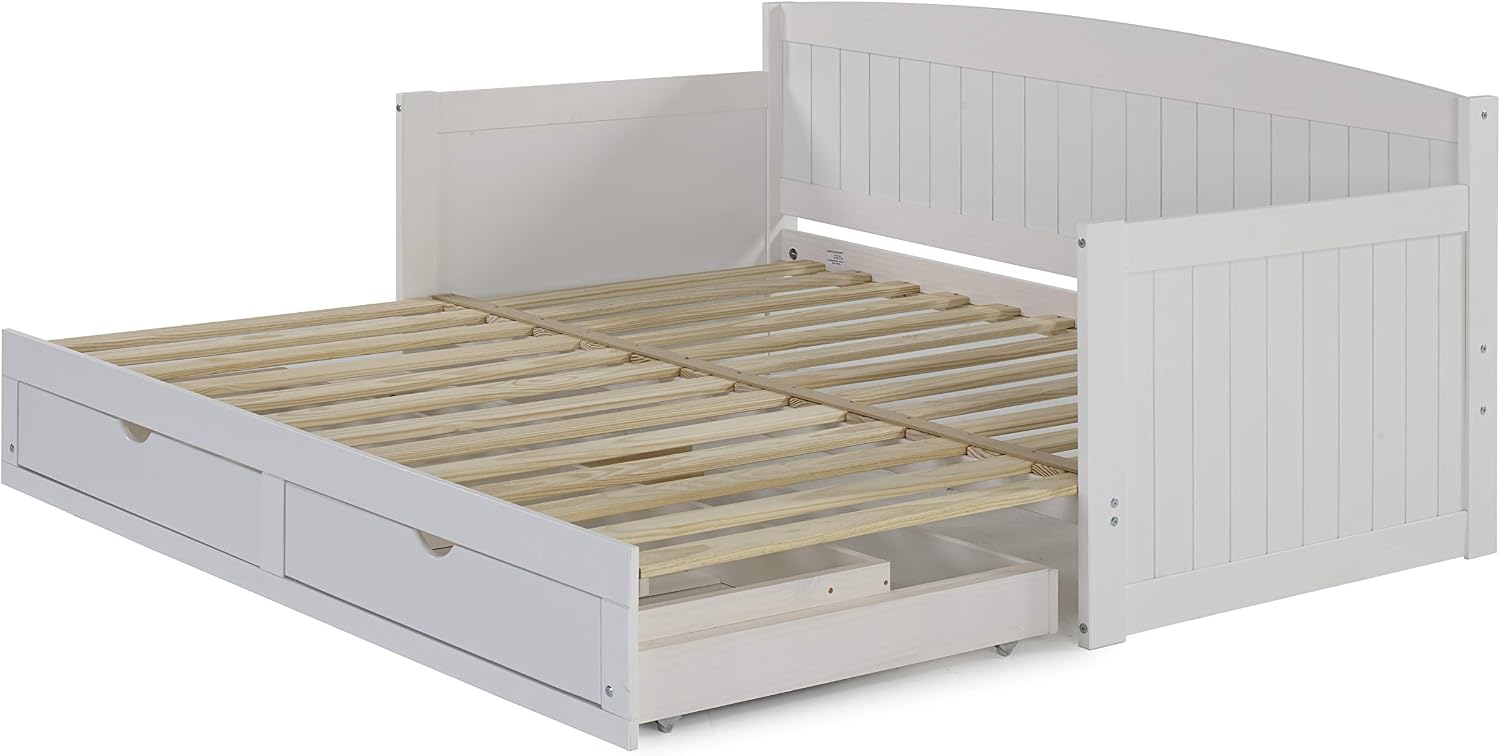Alaterre Furniture Harmony Twin to King Daybed with Pop Up Trundle Bed - Solid Wood Twin Day Bed with 2 Pull-Out Storage Drawers and 400lb Capacity - For Kids, Guest Room, Living Room (White)