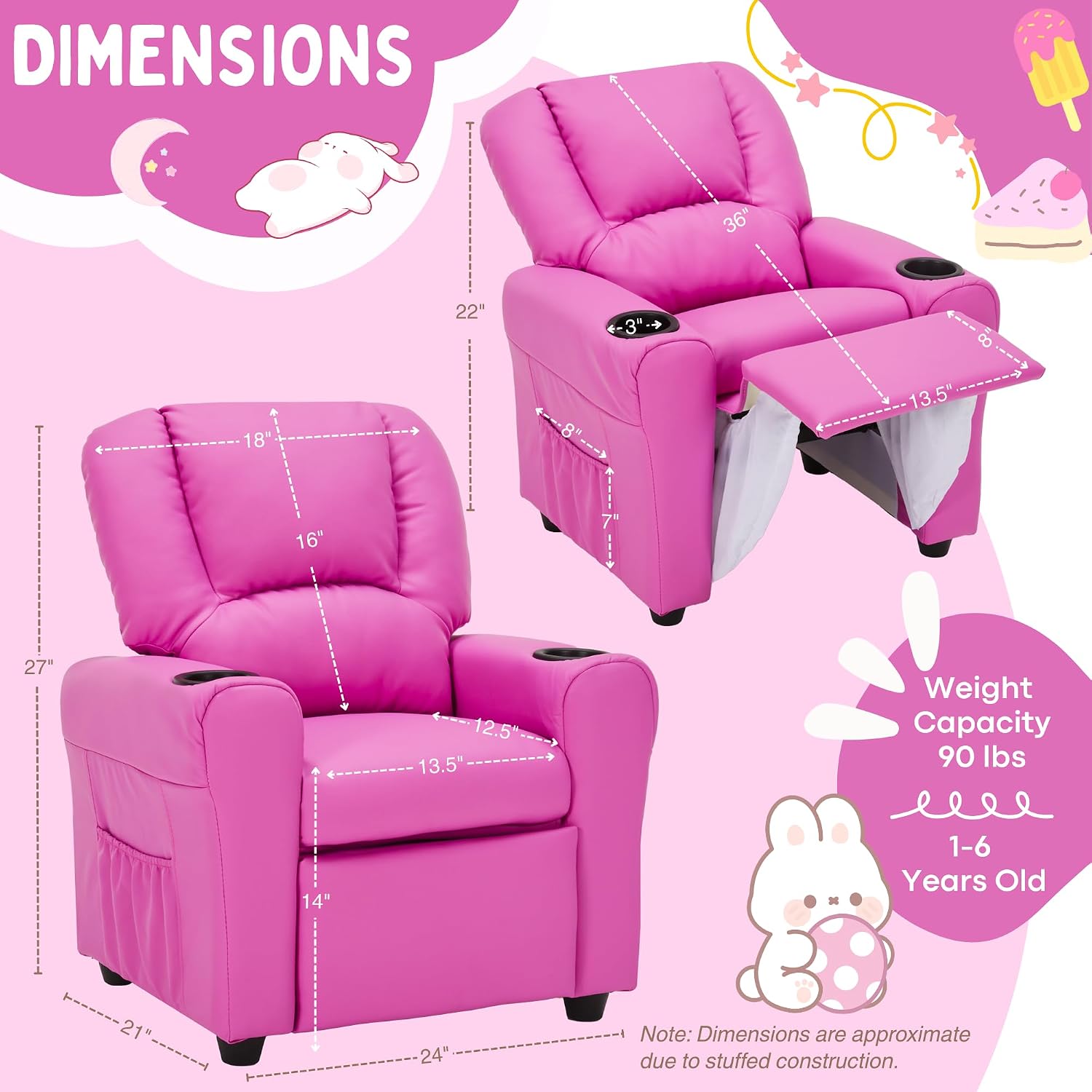 Candy Kids Reclining Chair Leather Recliner Sofa Push Back Toddler Youth Children Child Ages 1-6