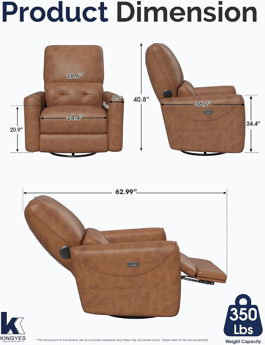 KINGYES Nursery Recliner Rocking Chair, 270° Swivel Glider, with Bluetooth Speaker & USB-C Port, Faux Leather Nursery Rocking Chair, Brown