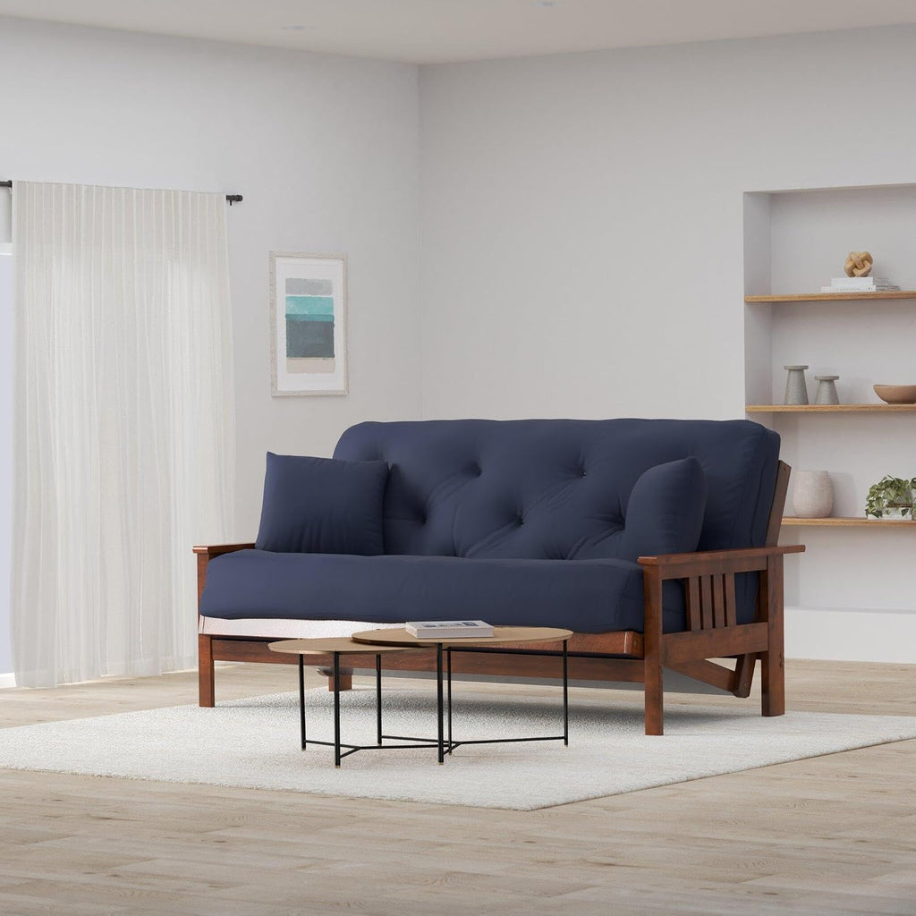 Nirvana Futons Stanford Futon Set - Queen Size Futon Frame with Mattress Included (8 Inch Thick Mattress, Twill Navy Blue Color), Heavy Duty Wood, Popular Sofa Bed Choice