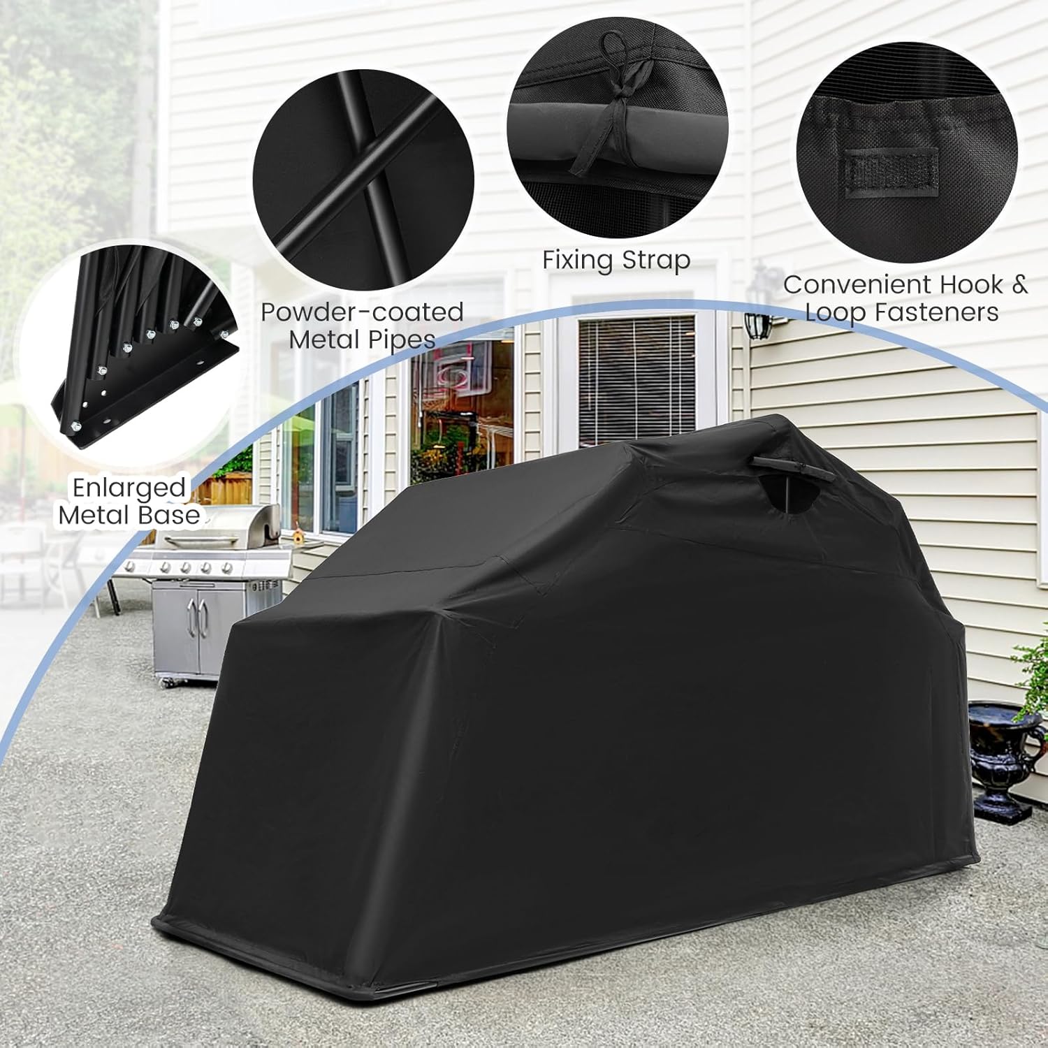 Tangkula Motorcycle Shed - Waterproof Garage with 600D Oxford Cover, Ventilation Window, Heavy Duty Storage for Motorbike, Scooter, Vehicles, 136' x 54' x 75'