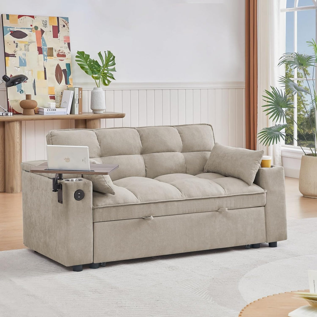 oaaktu Large Size Convertible Sleeper Sofa Bed,Polka dot Velvet Pull Out Futon Couch with Storage handrails & Rotating Side Tables,Convertible Sofa Couch for Living Room,RV (Khaki)