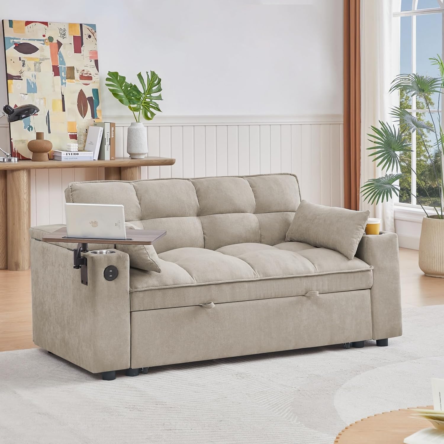 oaaktu Large Size Convertible Sleeper Sofa Bed,Polka dot Velvet Pull Out Futon Couch with Storage handrails & Rotating Side Tables,Convertible Sofa Couch for Living Room,RV (Khaki)