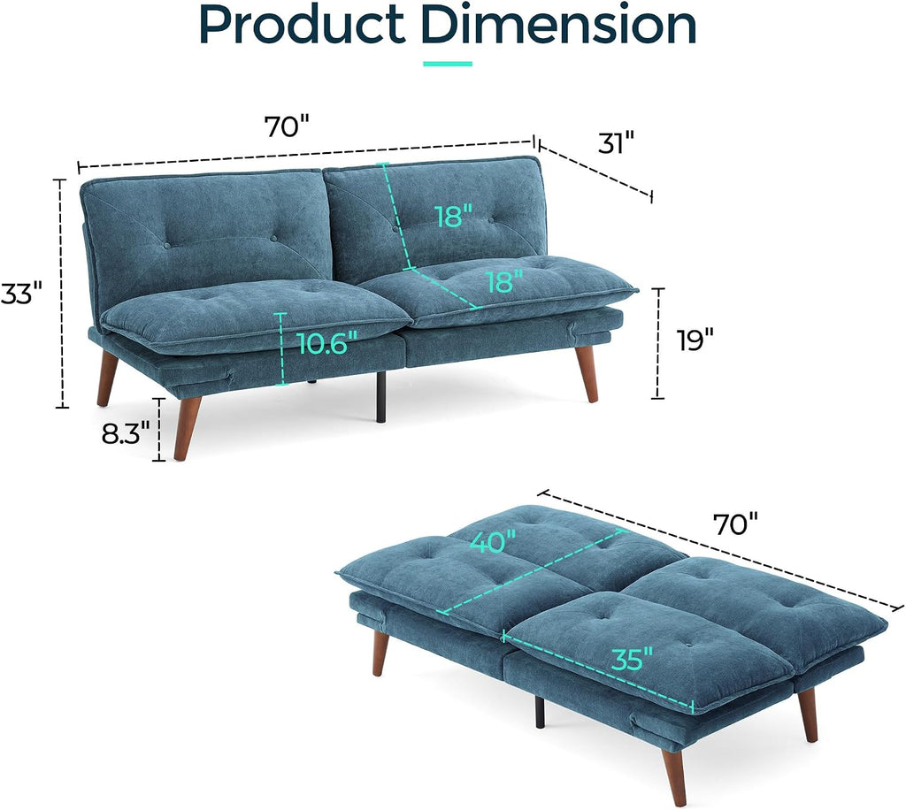 LINSY HOME Futon Sofa Bed, 70' Chenille Futon Couch with Adjustable Backrest Armrest, 3 in 1 Convertible Comfy Loveseat Sleeper Sofa Bed for Small Spaces Dorm Room Apartment Home Office, Blue