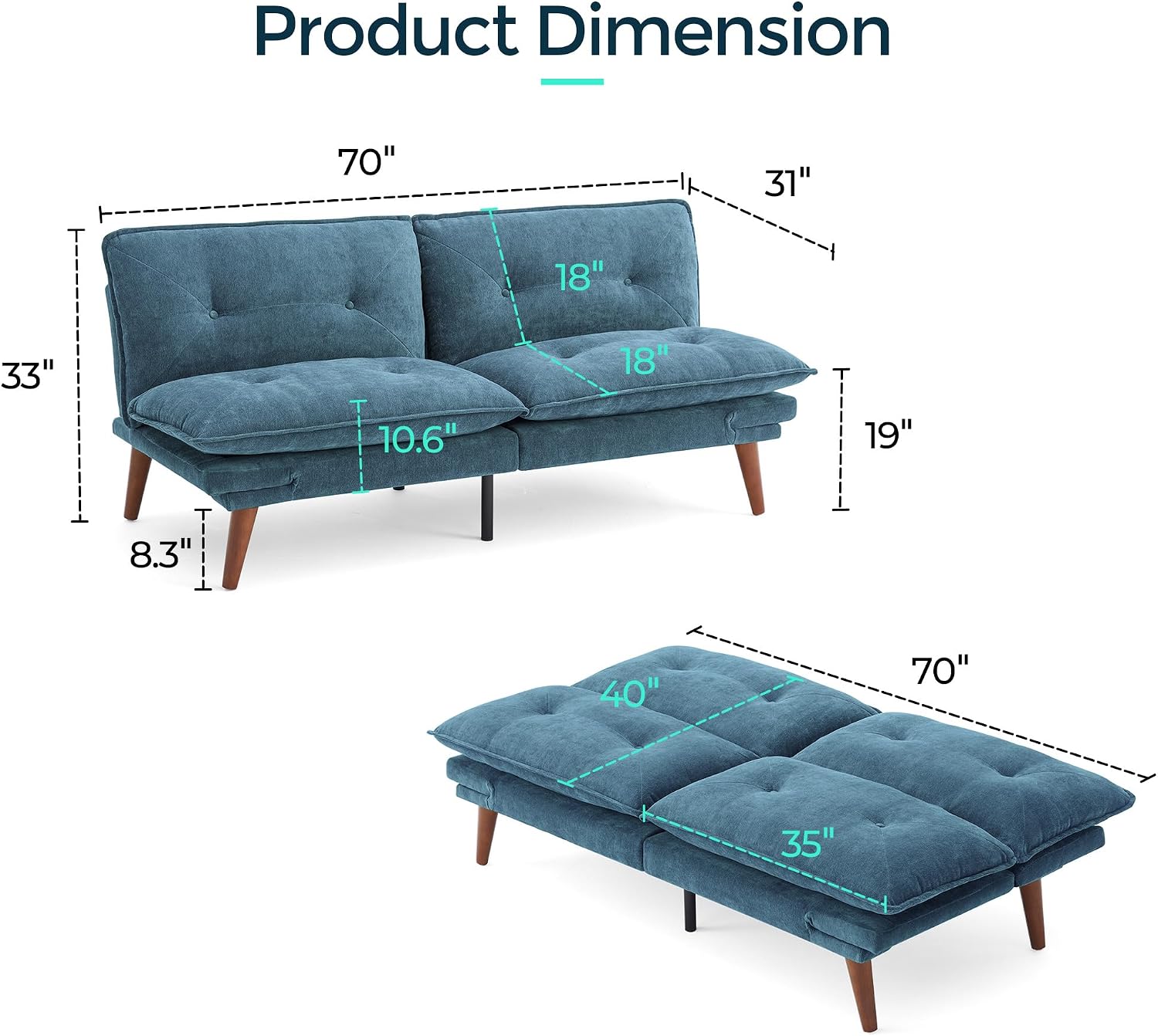 LINSY HOME Futon Sofa Bed, 70' Chenille Futon Couch with Adjustable Backrest Armrest, 3 in 1 Convertible Comfy Loveseat Sleeper Sofa Bed for Small Spaces Dorm Room Apartment Home Office, Blue