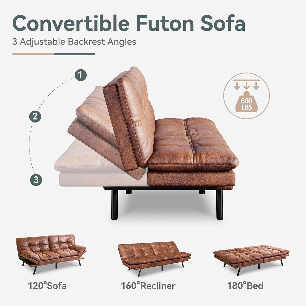 Futon Sofa Bed Convertible Couch, Brown Faux Leather Sofa Bed with Memory Foam, Adjustable Backrest & Armrests, Multifunctional Small Loveseat Sleeper Sofa for Living Room, Apartment, Office
