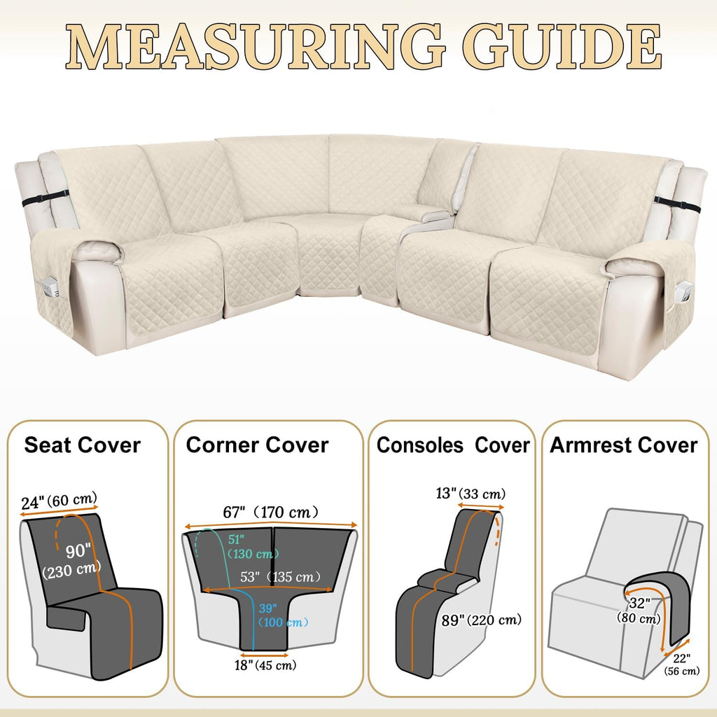 HDCAXKJ 100% Waterproof Velvet Recliner Sectional Couch Covers L Shaped Corner Reclining Sofa Cover Washable Thick Non Slip Sectional Slipcover with Pockets (5 Seat and 1 Middle Console, Beige)