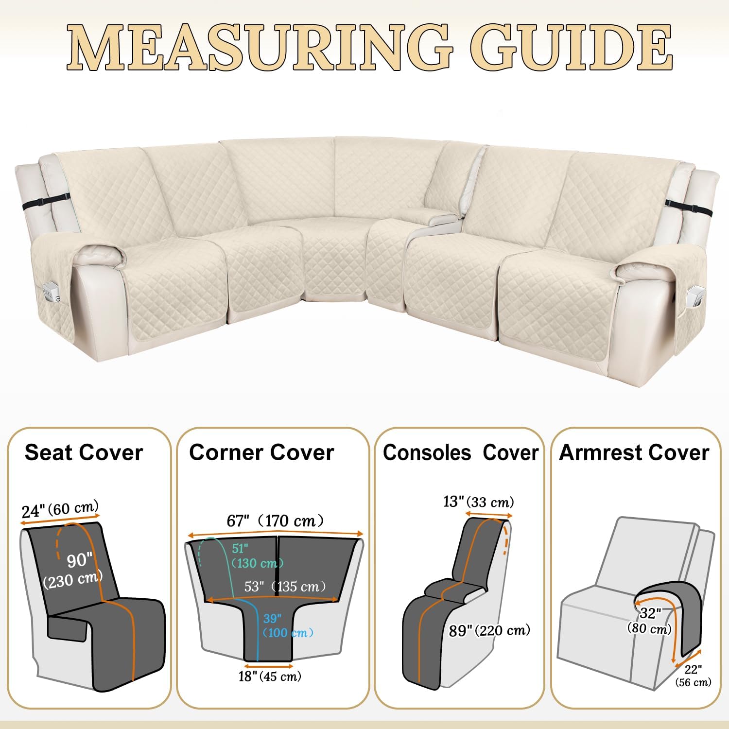 HDCAXKJ 100% Waterproof Velvet Recliner Sectional Couch Covers L Shaped Corner Reclining Sofa Cover Washable Thick Non Slip Sectional Slipcover with Pockets (5 Seat and 1 Middle Console, Beige)