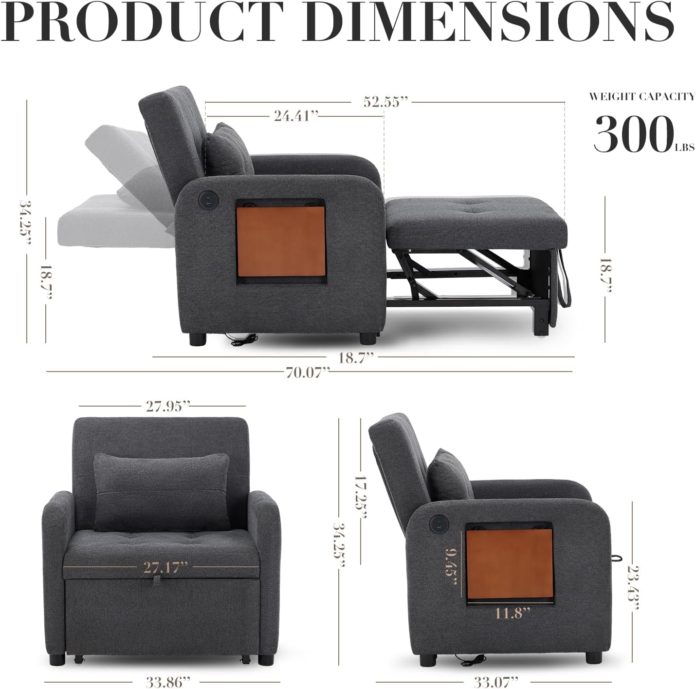 COLAMY Convertible Sleeper Chair-Fabric Futon Sofa Bed, Single Sleeper Sofa, Small Couch Bed with USB Port, Foldable Table, Pillow, Adjustable Backrest for Dorm/Bedroom/College Darkgrey