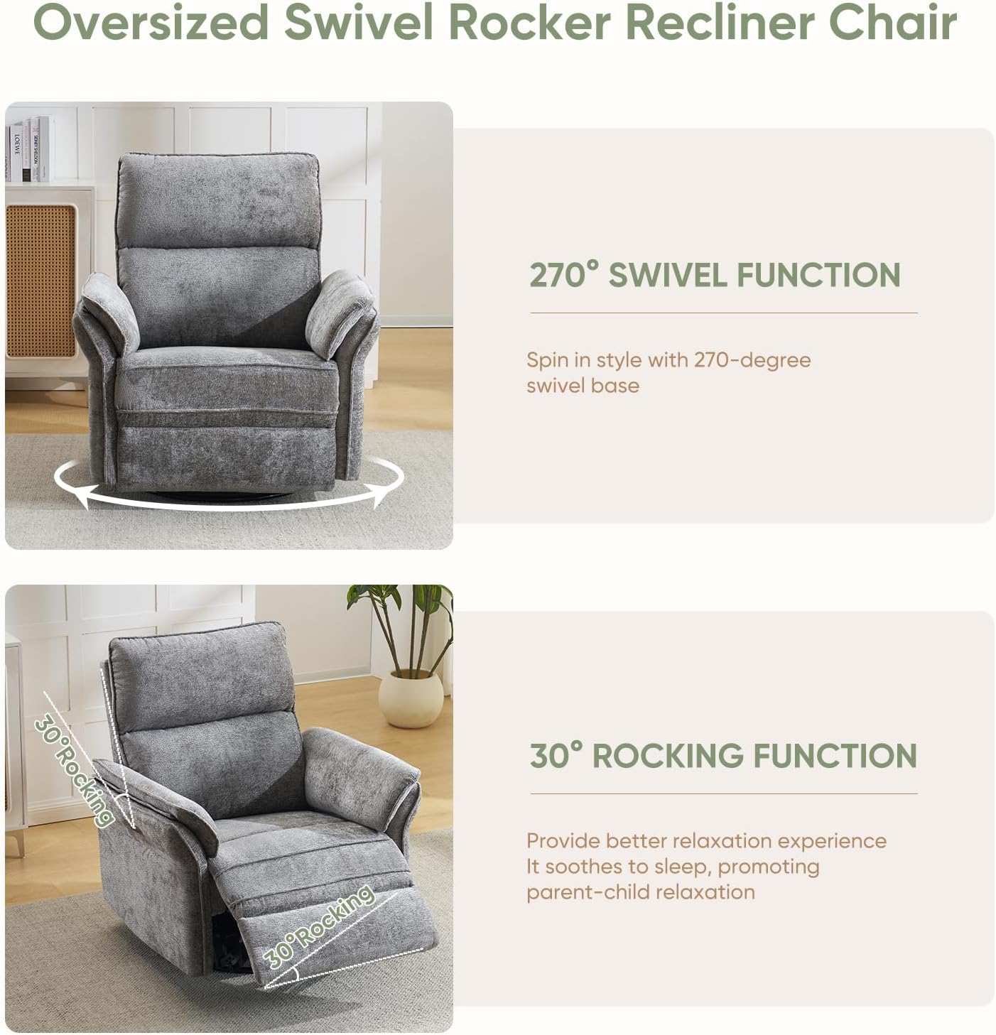Oversized Power Recliner Chair Swivel Glider with Massage and Heat, Rocker Nursery Recliner for Adults with Adjustable Headrest, 26' Extra Wide Nursery Chair with Overstuffed Armrest, Dark Grey