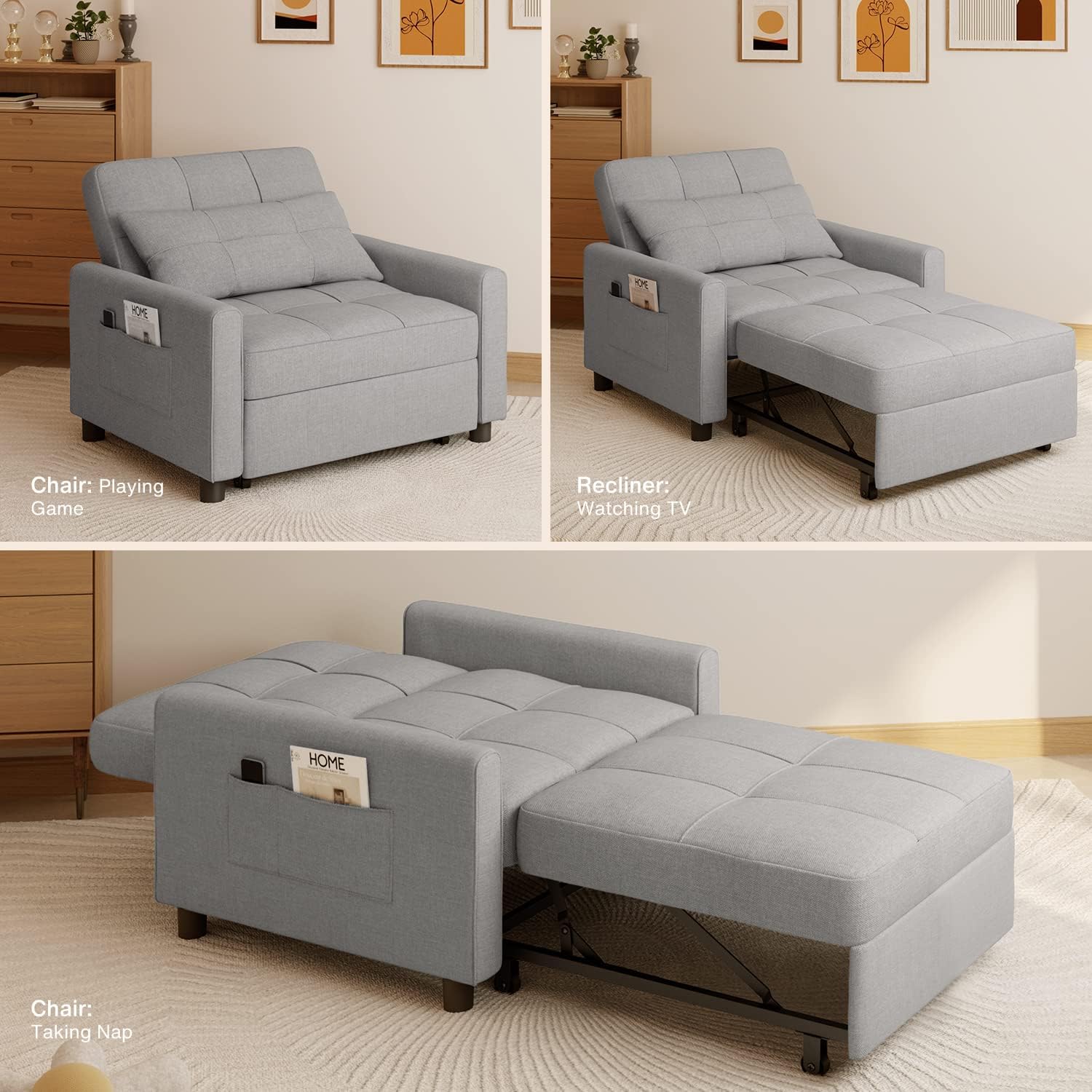 Aiho Convertible Sleeper Chair, 3-in-1 Sofa Bed with Adjustable Design, Pillow & Pocket - Pull Out Sleeper for Apartment, Light Gray