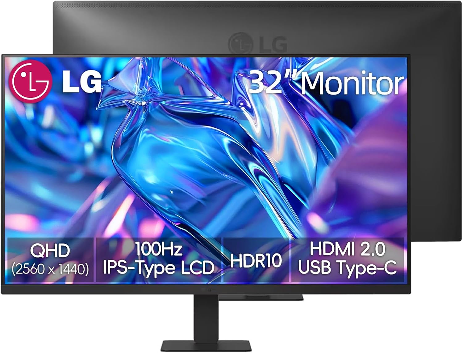 LG 32' QHD (2560 x 1440) IPS Computer Monitor, 100Hz, 5ms, HDR10, 99% sRGB, Dynamic Action Sync, Contrast Ratio 1000:1, Reader Mode, Flicker Safe, HDMI, USB Type-C, Tilt Adjustment, Black