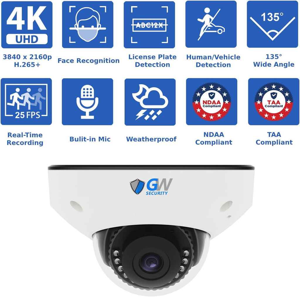 GW Security 16 Channel 12MP Commercial NVR UltraHD 4K License Plate/Face Recognition NDAA & TAA Compliant Business Security Camera System with 16 x 8MP @25FPS Outdoor & Indoor PoE Dome Cameras