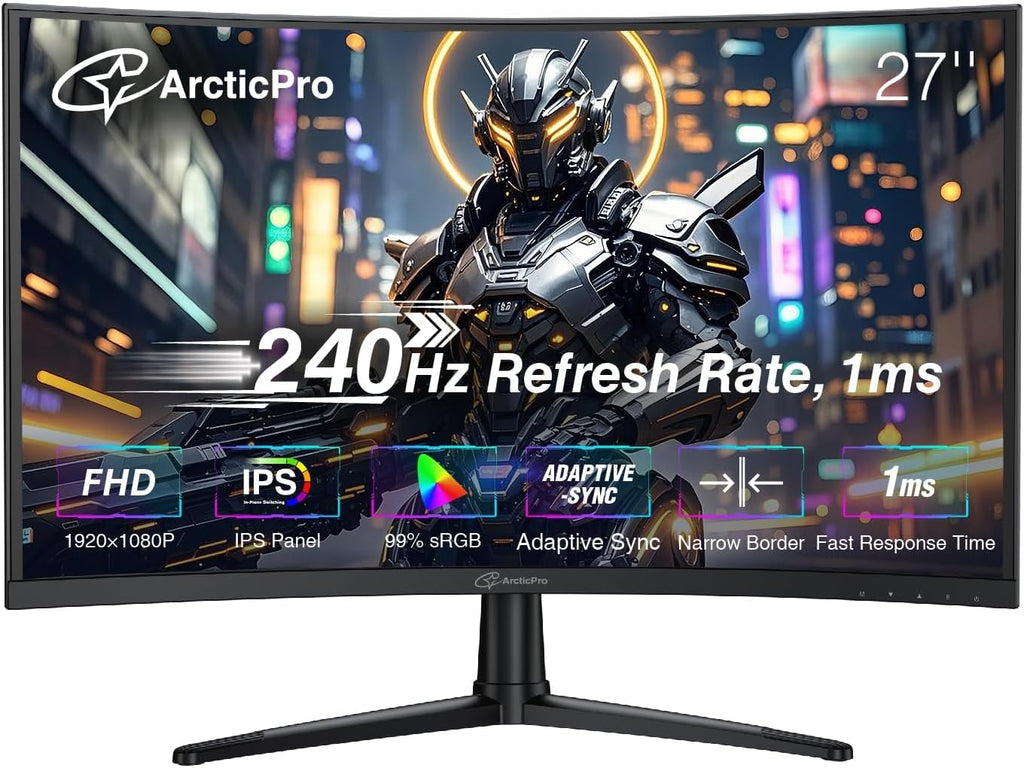 ArcticPro 27inch 240Hz Curved Gaming Monitor, FHD 1080p, 1ms Response Time, 4000:1 Contrast, PC Monitor, Adaptive sync, 3-Sided Frameless, Ultra Slim, 120% sRGB, Bluelight Filter,HDMI & DP Ports
