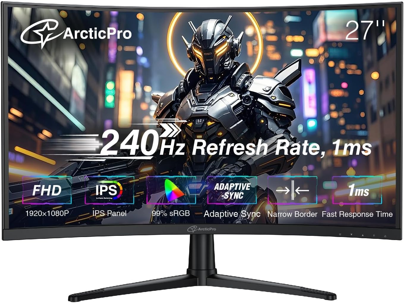 ArcticPro 27inch 240Hz Curved Gaming Monitor, FHD 1080p, 1ms Response Time, 4000:1 Contrast, PC Monitor, Adaptive sync, 3-Sided Frameless, Ultra Slim, 120% sRGB, Bluelight Filter,HDMI & DP Ports