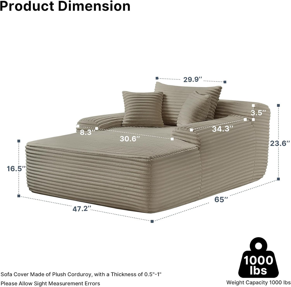 65'' Chaise Lounge Chair Indoor, Beige Plush Corduroy Cloud Couch, Fluffy Oversized Sofa Bed for Bedroom Living Room, Comfy Boneless Reading Longue Chair Sleeper Sofa No Assembly