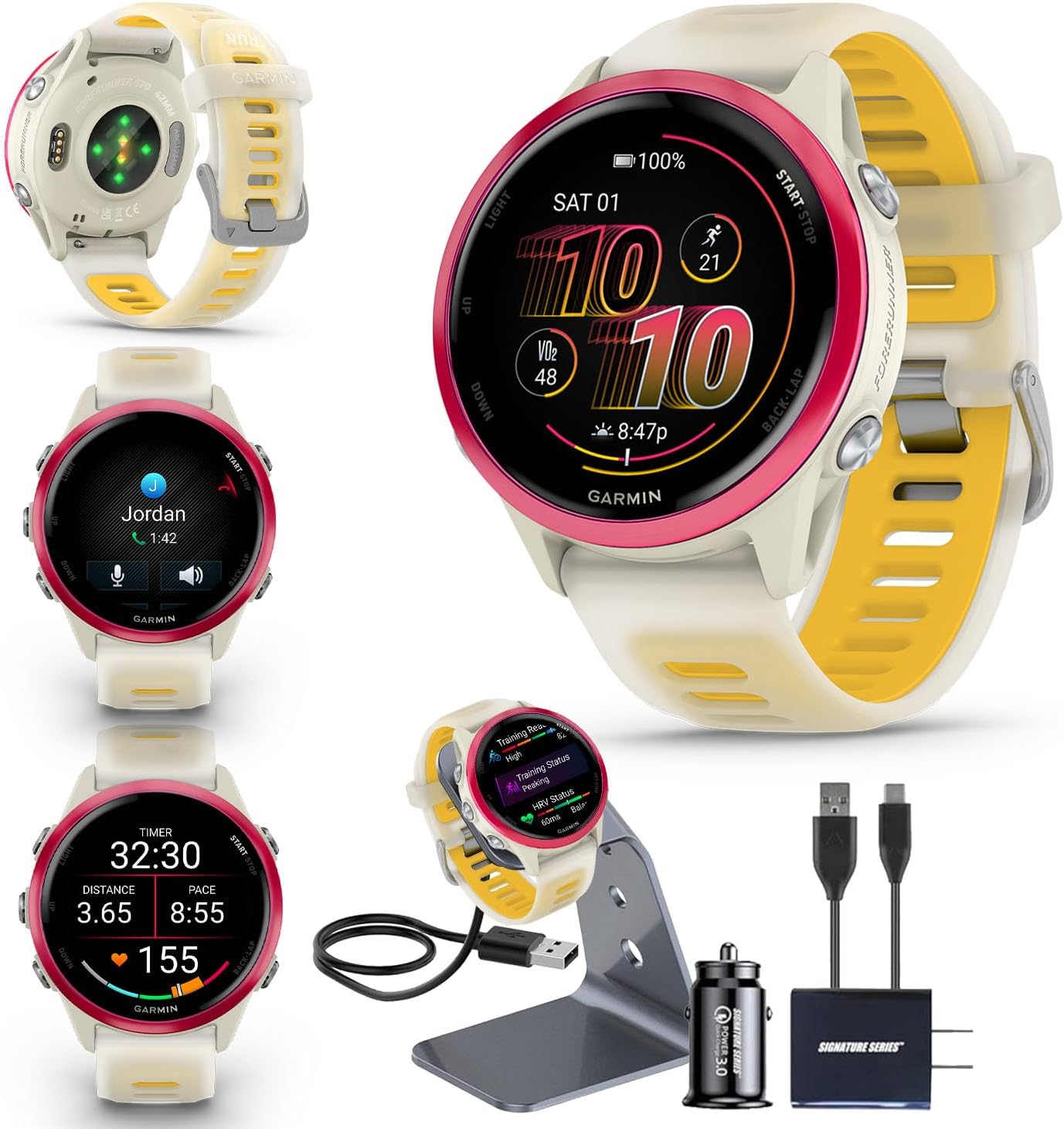 Garmin Forerunner 570 42mm GPS Running Smartwatch, Raspberry | Advanced Training & Recovery, Sleep Coach, Heart Rate, Download Music, Up to 10 Day Battery | Signature Series Charging Stand Bundle