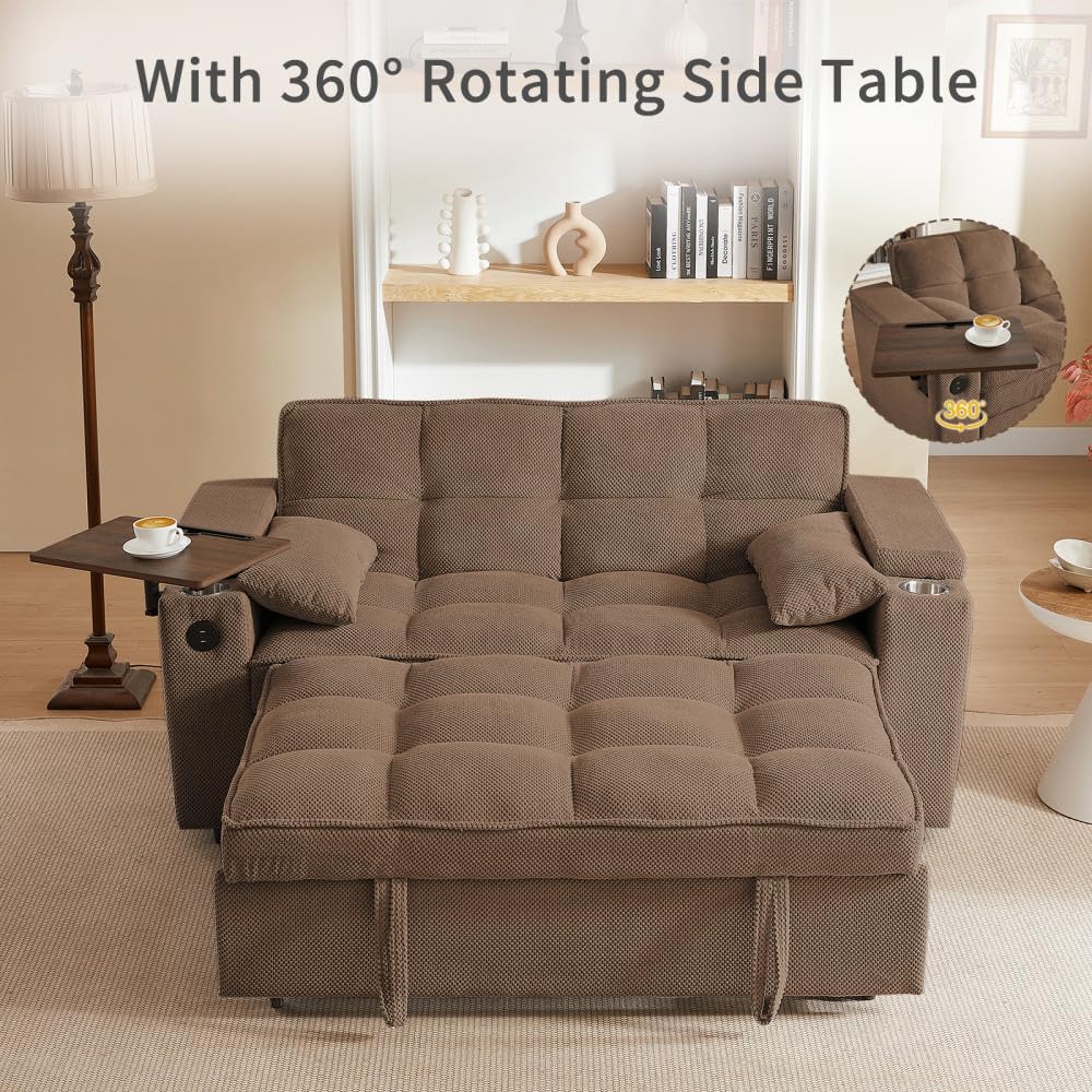 Auvsoce 65'' Convertible Sleeper Sofa Bed with Adjustable Backrest, Chaise Lounge, Side Table & USB/Type-C Ports – Stylish & Functional Addition to Any Living Room (Brown)