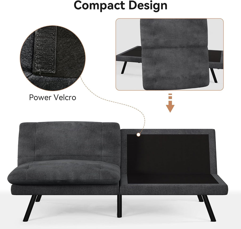 Futon Sofa Bed Convertible Couch, Black Linen Sofa Bed with Adjustable Backrest, Multifunctional Small Loveseat Sleeper Sofa for Living Room, Apartment, Office