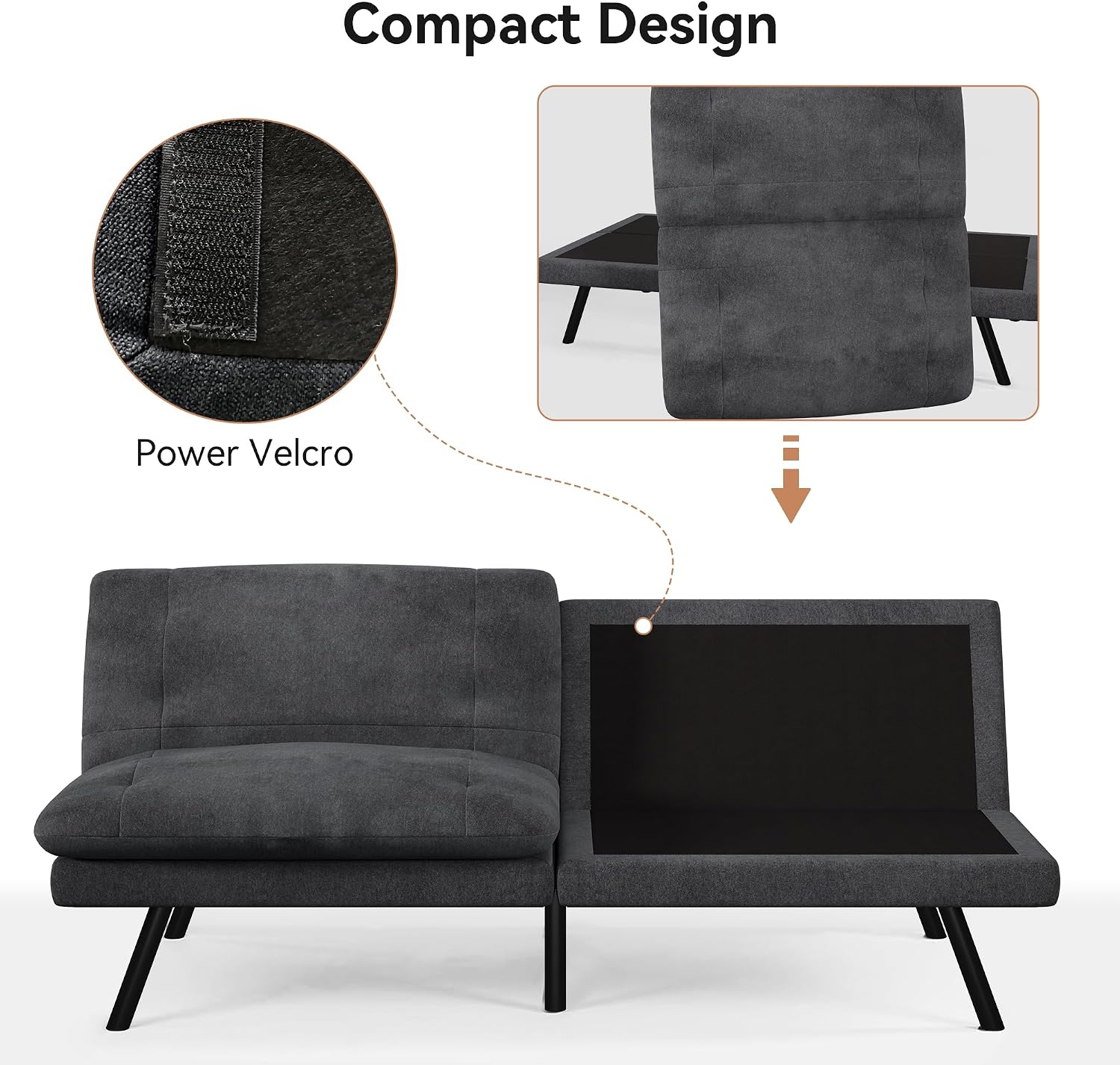 Futon Sofa Bed Convertible Couch, Black Linen Sofa Bed with Adjustable Backrest, Multifunctional Small Loveseat Sleeper Sofa for Living Room, Apartment, Office