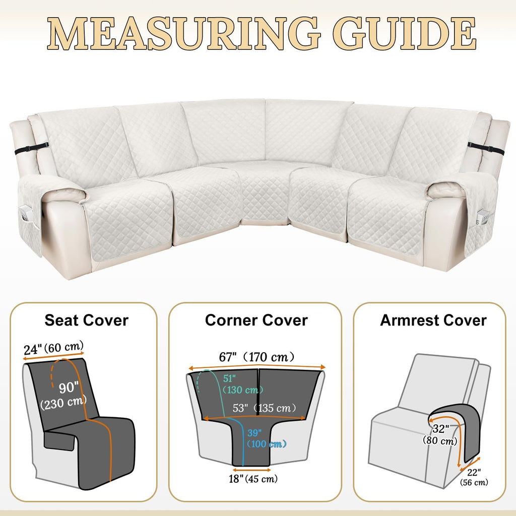 HDCAXKJ 100% Waterproof Velvet Recliner Sectional Couch Covers L Shaped Corner Reclining Sofa Cover Washable Thick Non Slip Sectional Slipcover with Pockets (5 Seat Recliner Couch, Ivory)