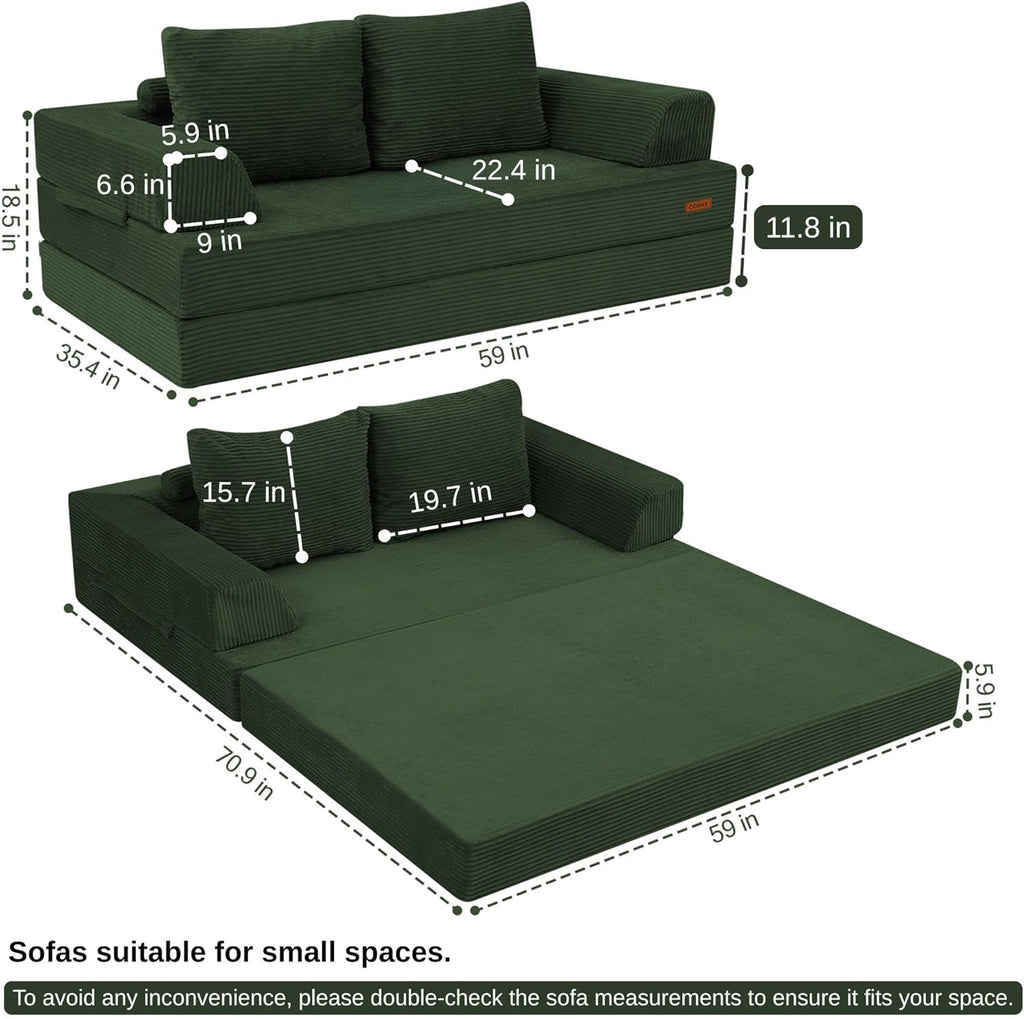 COMAX Convertible Sofa Bed, Folding Floor Couch Corduroy Fold Out Couch Bed Futon Sleeper Mattress with Pillows, Boneless Sofa Comfy Lounge Loveseat for Living Room Bedroom, Green